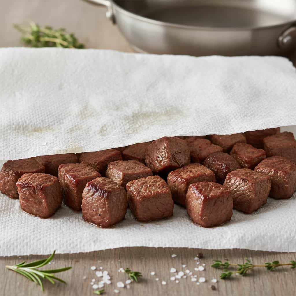 Braised beef being patted dry with paper towels before frying