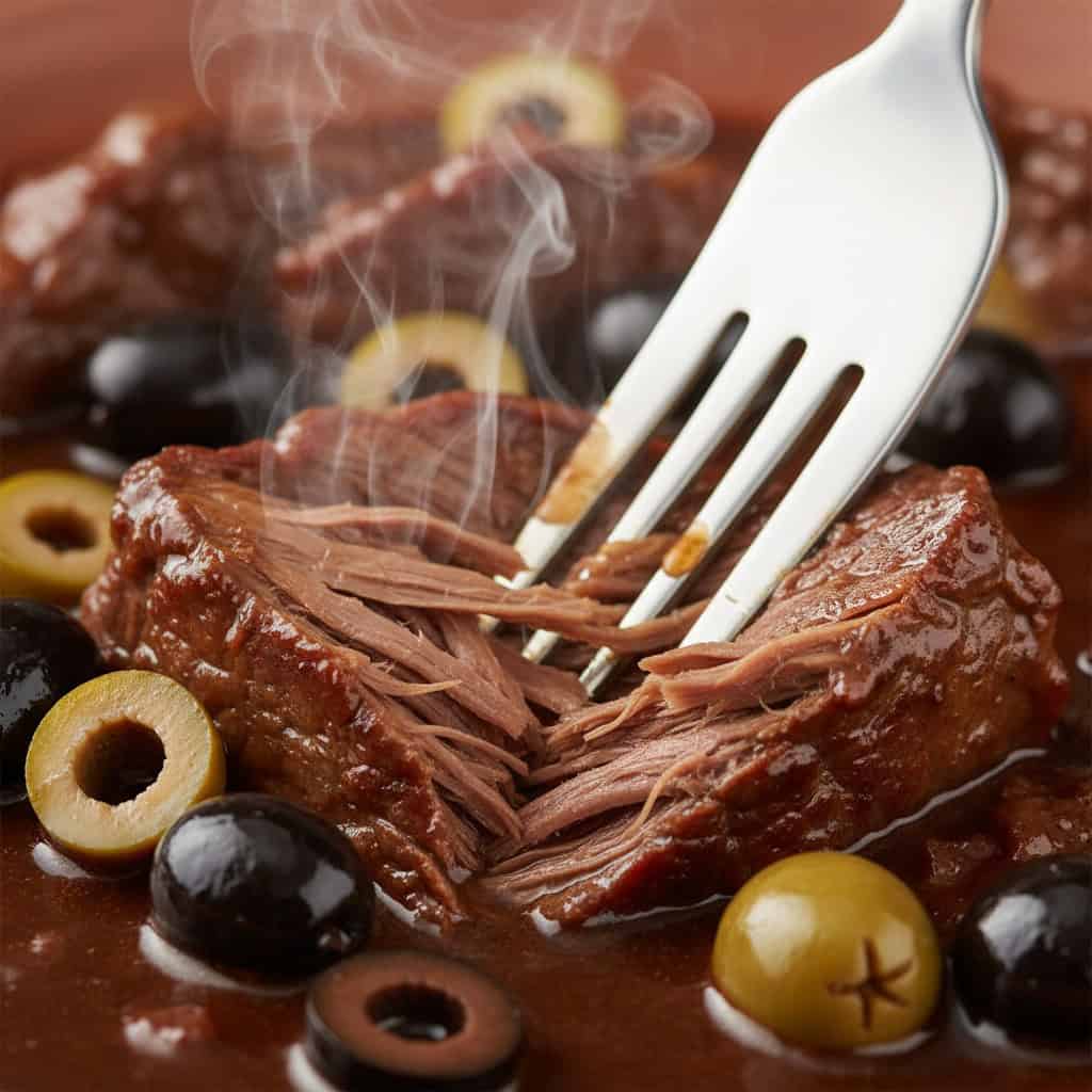 Close-up of fall-apart tender beef in glossy carne guisada sauce