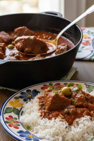 Dominican carne guisada beef stew with rich mahogany sauce, olives, and capers over rice