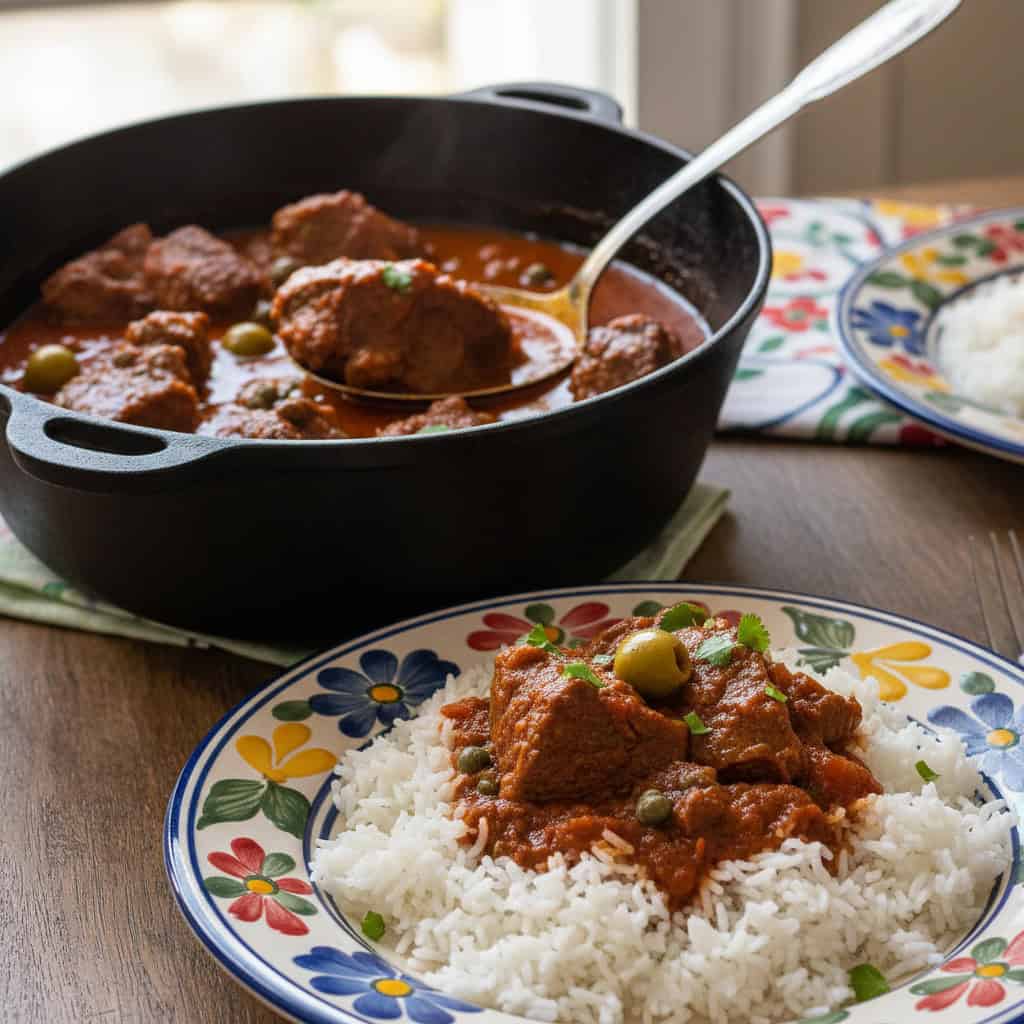 Dominican carne guisada beef stew with rich mahogany sauce, olives, and capers over rice