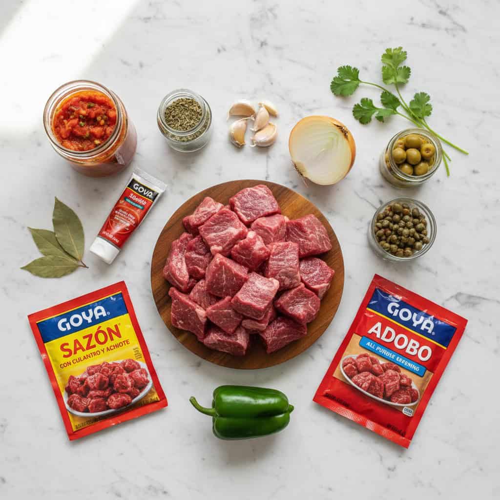 Ingredients for carne guisada including beef chuck, sofrito, olives, and Dominican seasonings