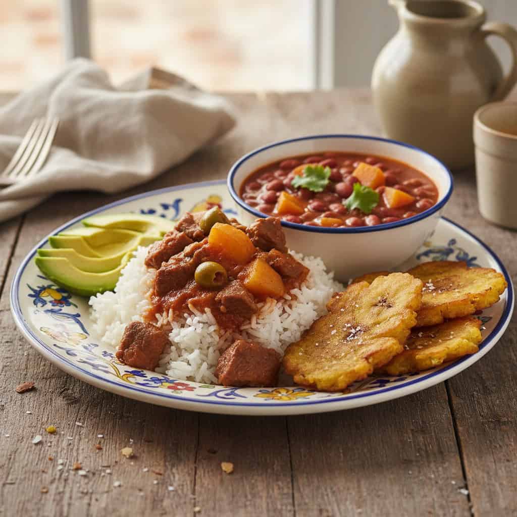 Carne guisada served with rice, beans, and tostones