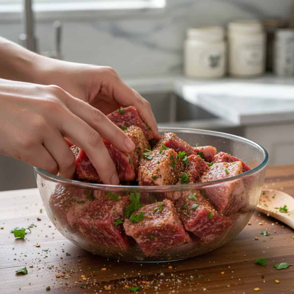 Beef chuck cubes seasoned with sazón and adobo for carne guisada