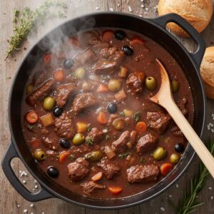 Carne guisada simmering in Dutch oven with rich tomato sofrito sauce
