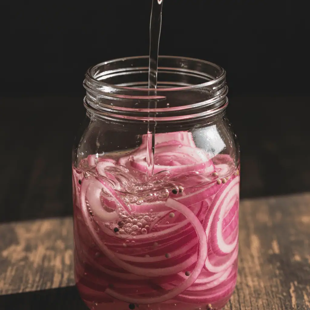 White vinegar being poured over red onions turning them vibrant magenta-pink in a glass jar