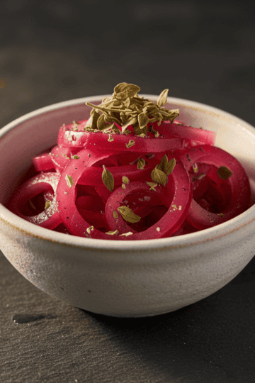 Dominican cebolla roja en vinagre — vibrant magenta pickled red onions in a ceramic bowl