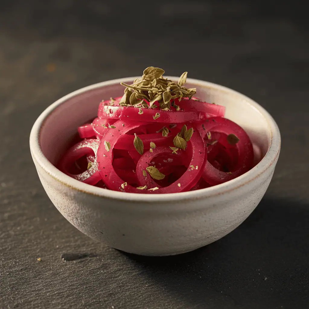 Dominican cebolla roja en vinagre — vibrant magenta pickled red onions in a ceramic bowl