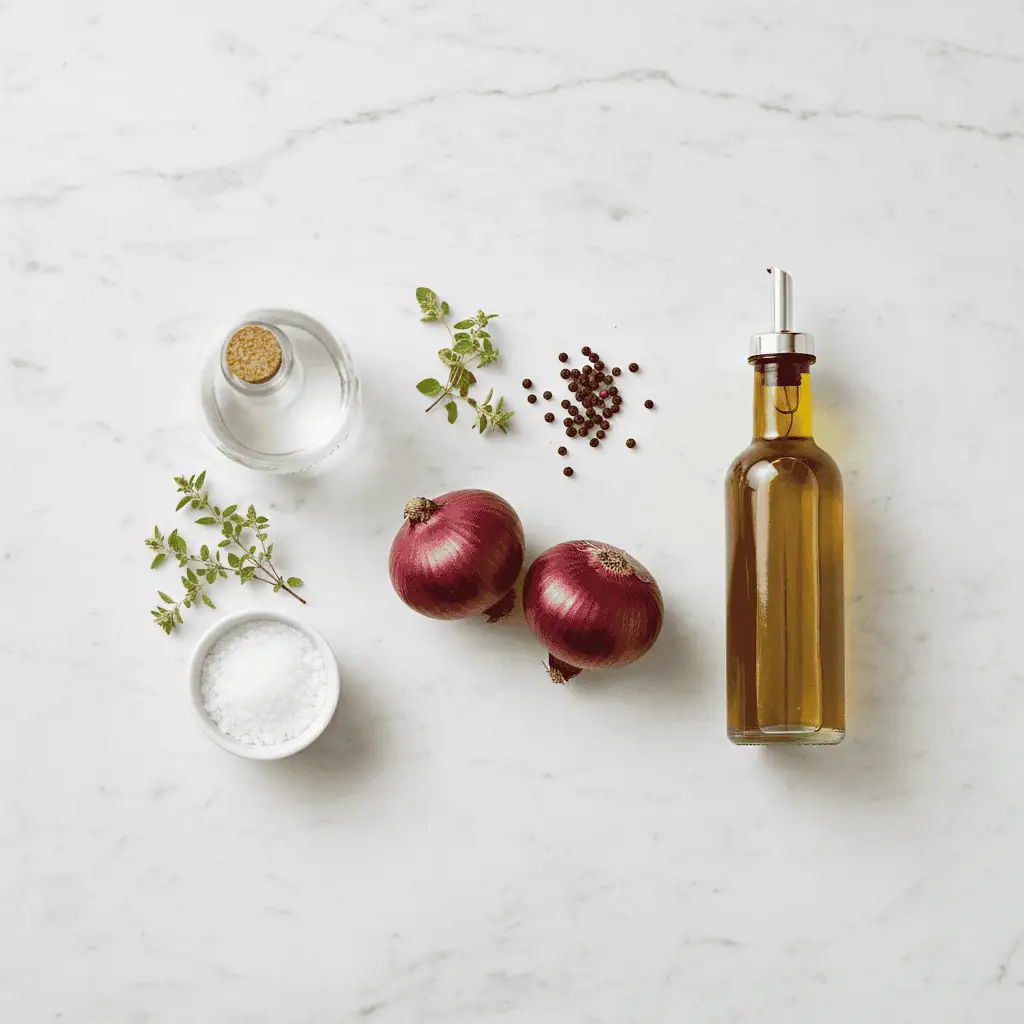 Cebolla roja en vinagre ingredients — red onions, white vinegar, salt, oregano on white marble