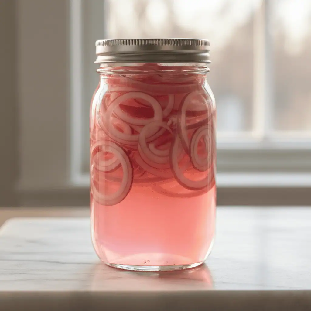 Glass mason jar of Dominican pickled red onions in bright pink vinegar brine