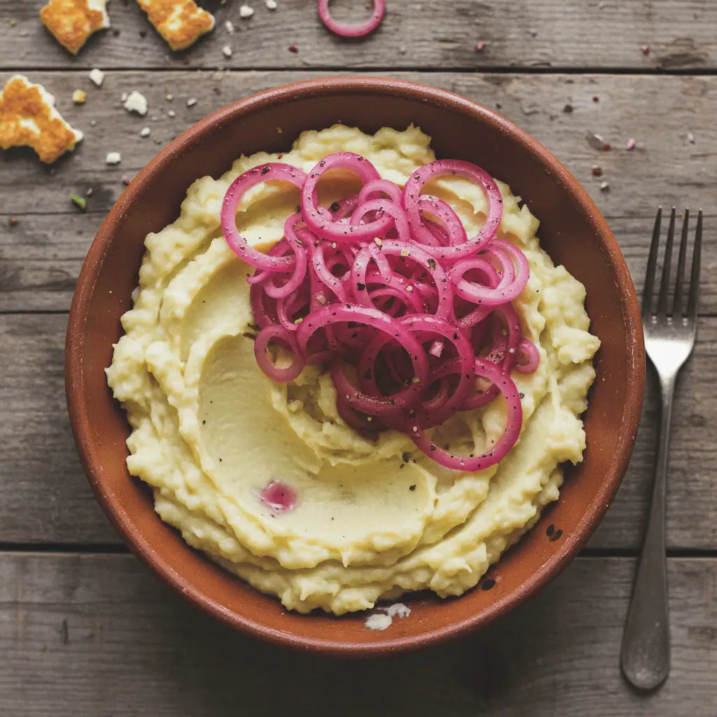 Dominican pickled red onions spooned over mangu — bright magenta against pale yellow plantains