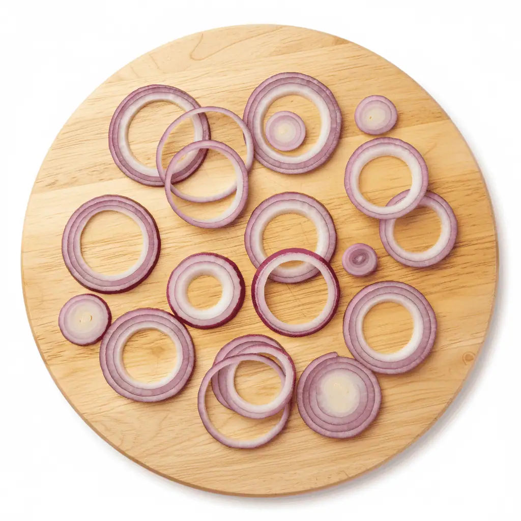 Thinly sliced red onion rings showing beautiful purple-red translucent layers