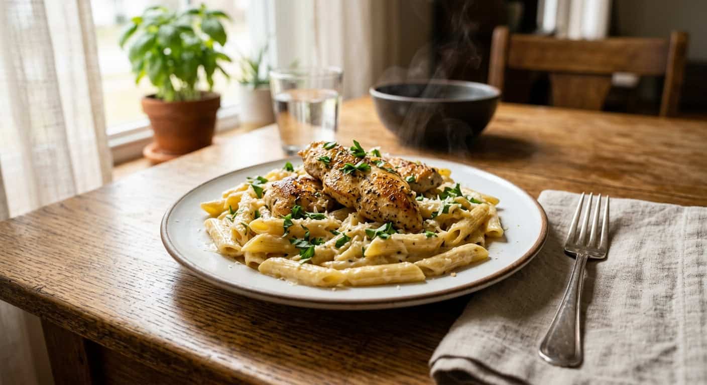 Creamy garlic butter chicken pasta with penne on a white plate