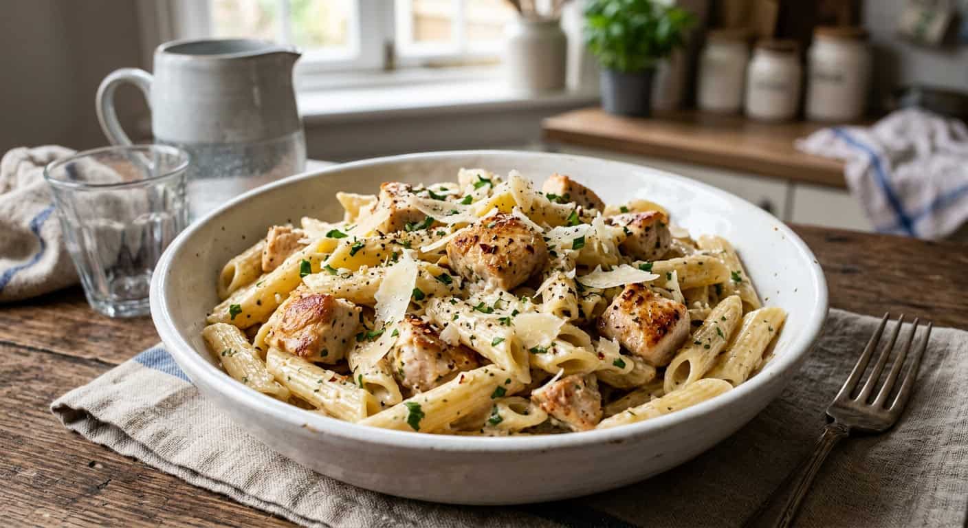 Creamy garlic butter chicken pasta in a large skillet topped with parmesan and fresh parsley
