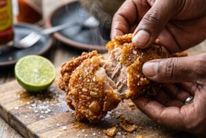 Close-up of crispy golden Dominican chicharron de pollo with shattering crust