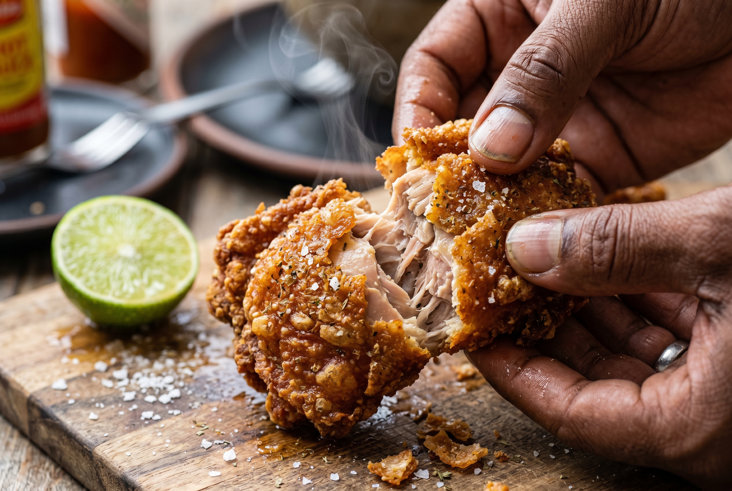 Close-up of crispy golden Dominican chicharron de pollo with shattering crust