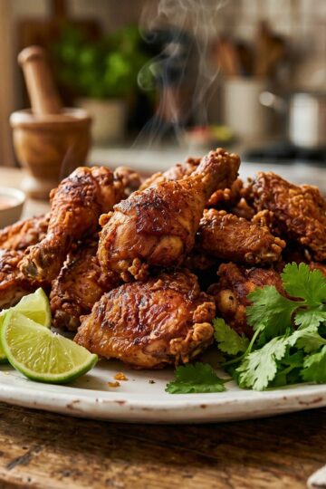 Pile of crispy golden Dominican chicharron de pollo with lime wedges