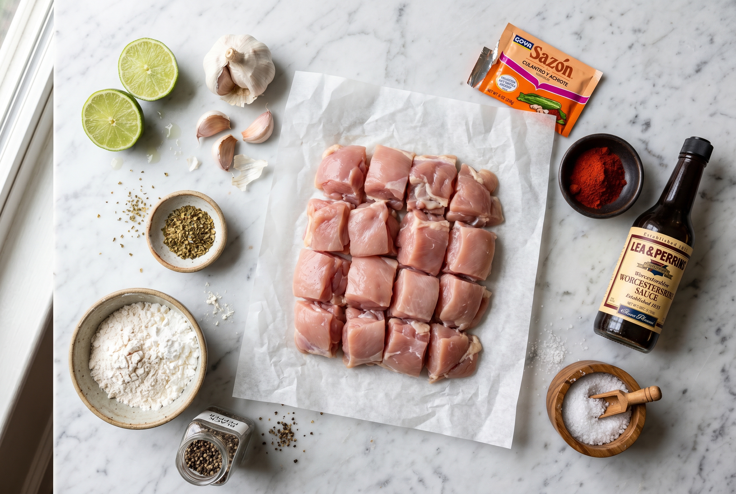 Ingredients for chicharron de pollo - chicken limes garlic oregano sazon flour