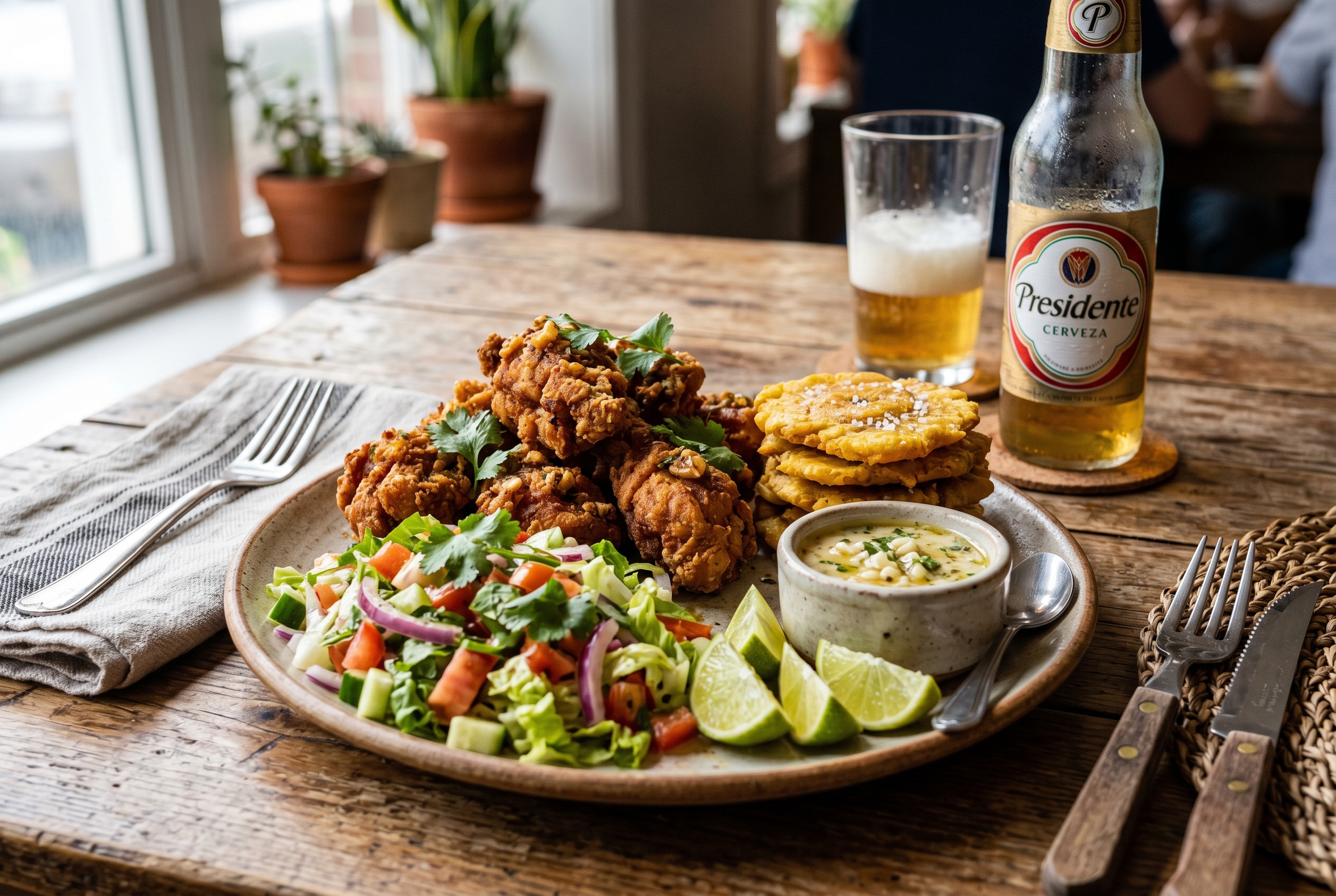 Plate of chicharron de pollo served with tostones wasakaka and limes