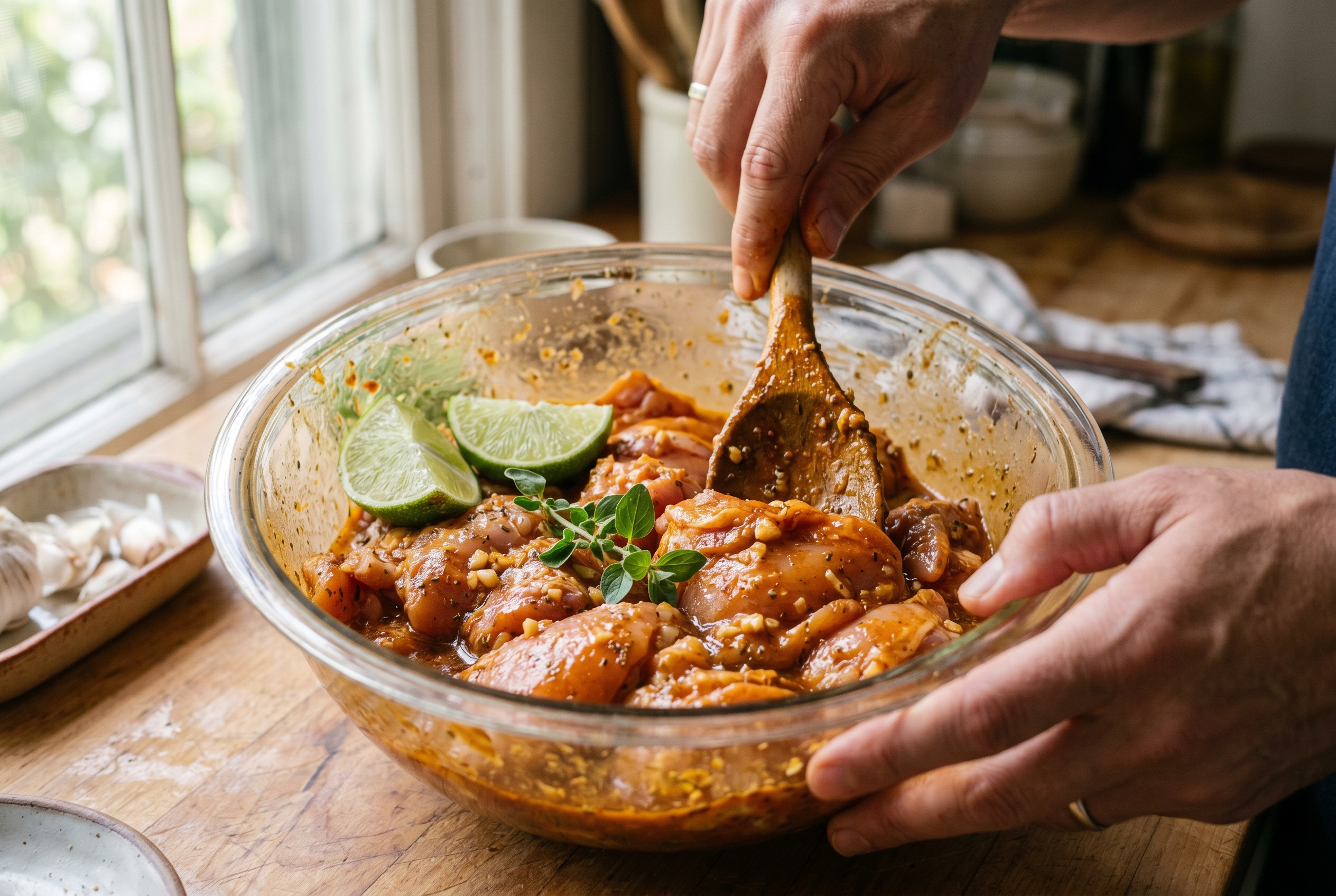 Chicken pieces marinating in Dominican adobo with lime garlic and sazon