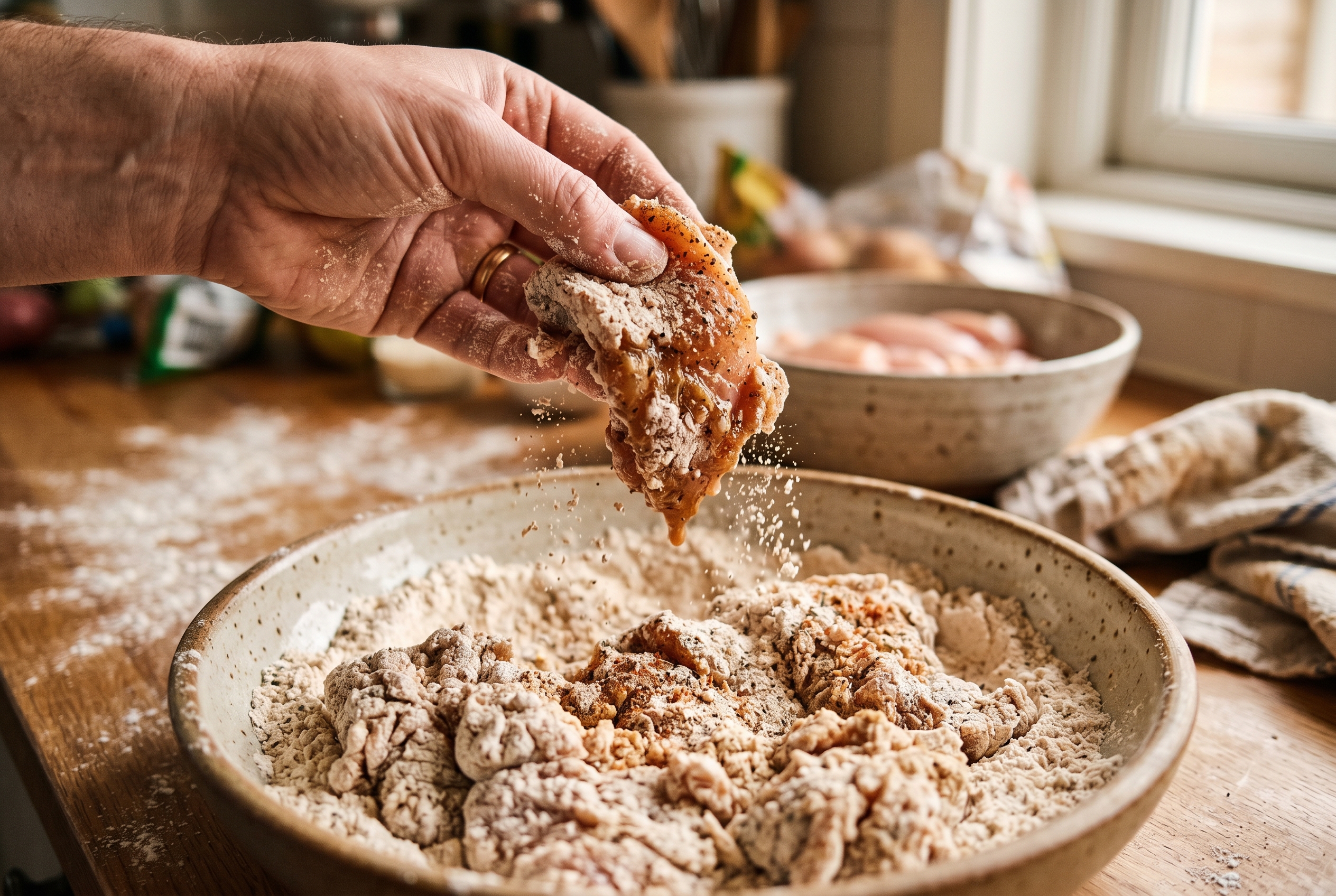 Chicken pieces being dredged in seasoned flour for Dominican chicharron de pollo
