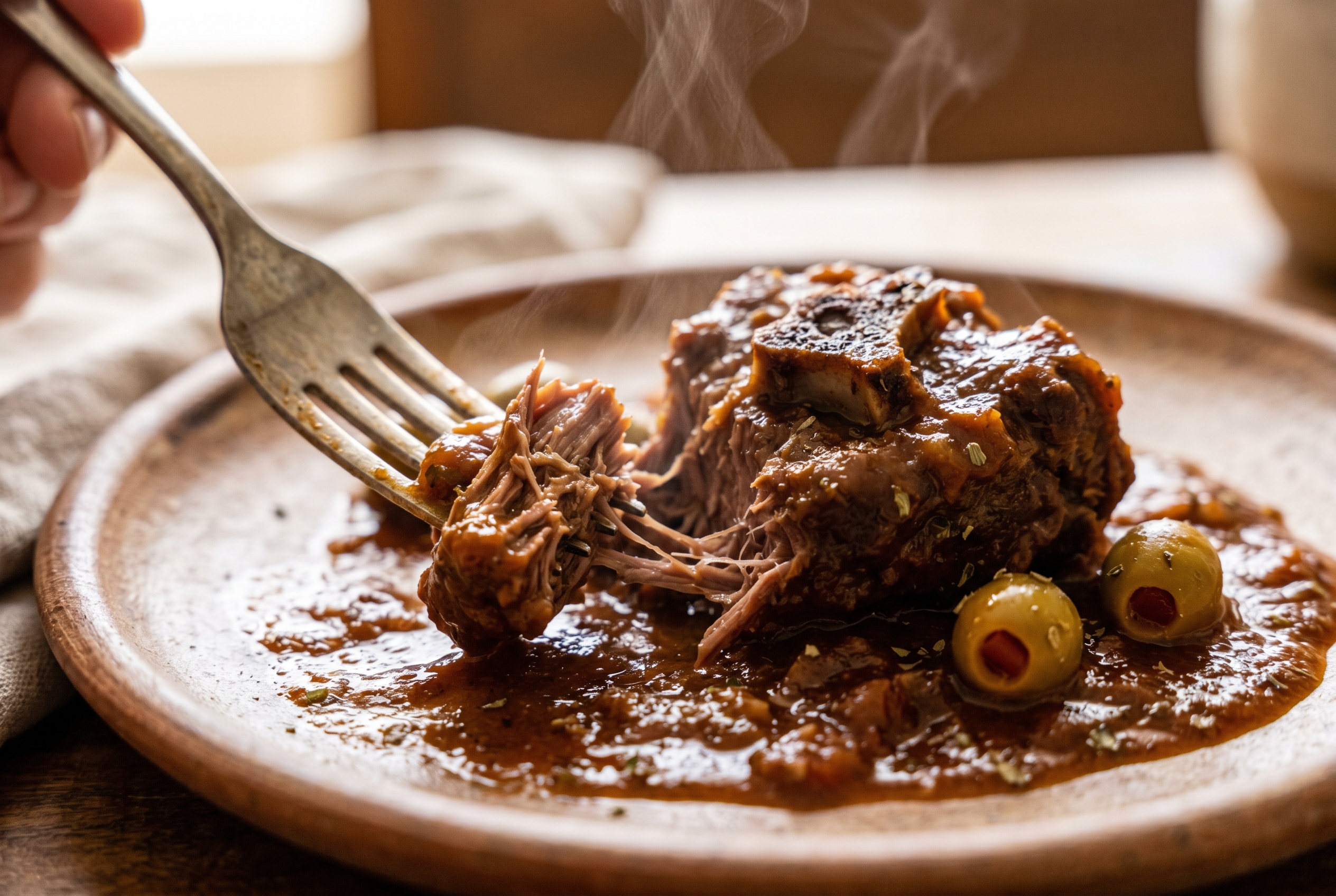 Close-up of tender Dominican chivo guisado falling off the bone in thick sauce