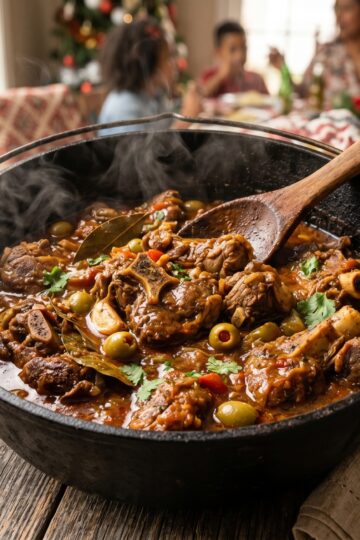 Dominican chivo guisado stewed goat in caldero with tomato sauce and bay leaves
