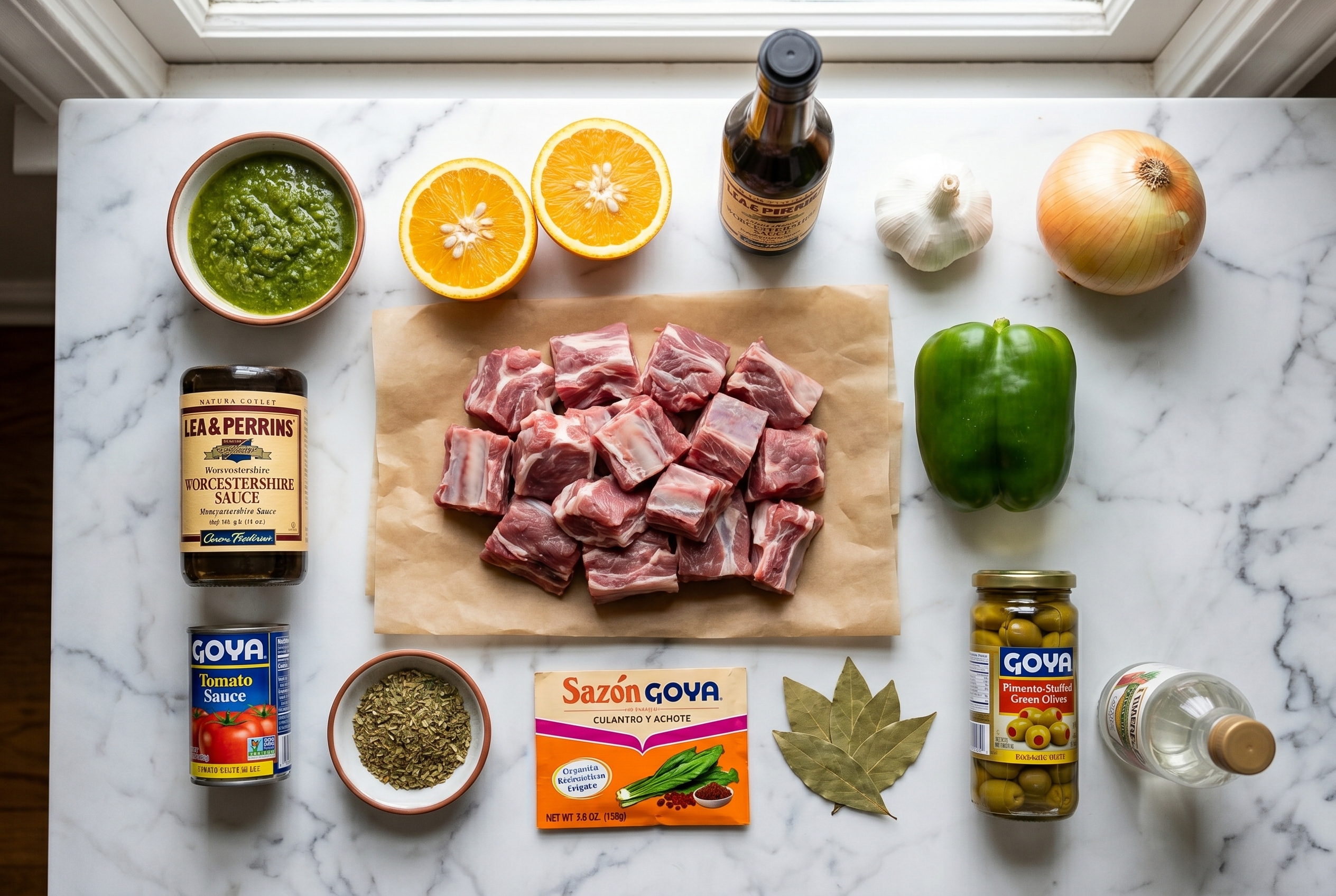 Ingredients for Dominican chivo guisado - goat meat sour orange sofrito oregano