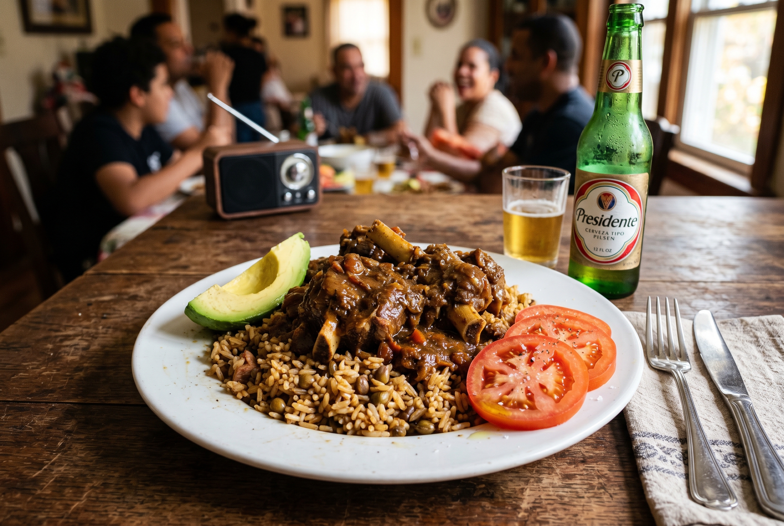 Chivo guisado served over moro de guandules with avocado on Dominican plate