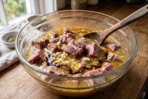 Goat meat marinating in sour orange garlic oregano Worcestershire overnight