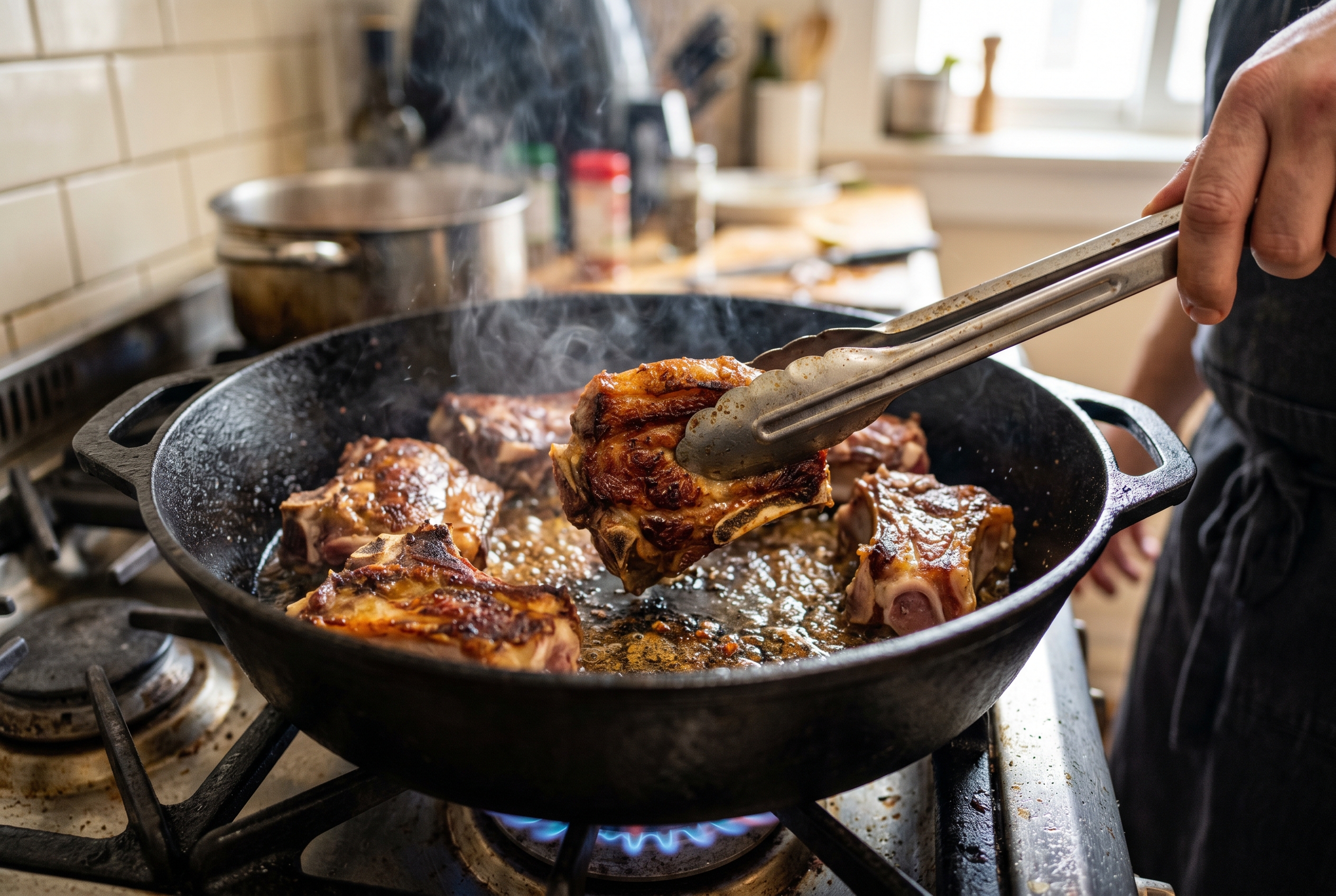 Searing goat meat in caldero for chivo guisado