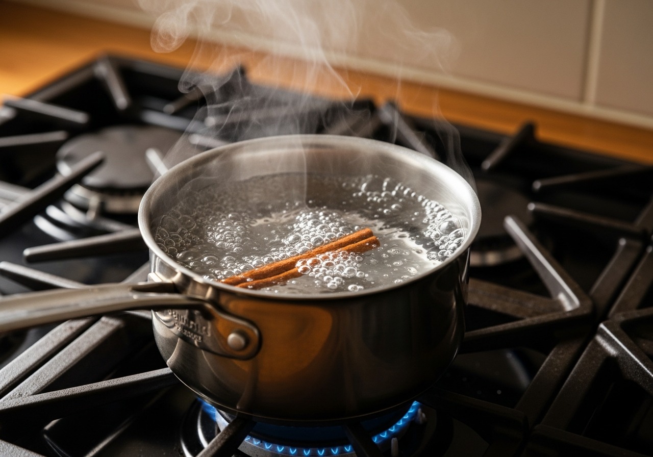 Water and cinnamon stick boiling in a small saucepan
