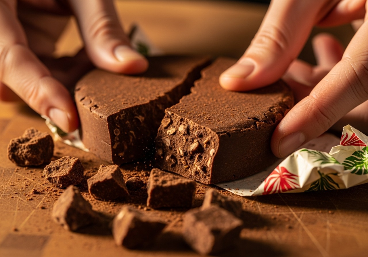Dominican cacao tablet being broken into small pieces on a cutting board