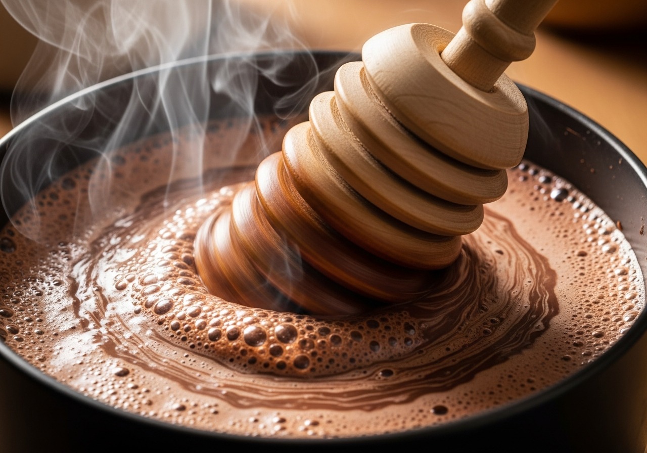 Wooden molinillo whisk being spun to froth Dominican hot chocolate