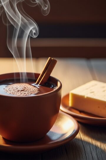 Dominican chocolate de agua in a small ceramic cup with frothy top and cinnamon stick