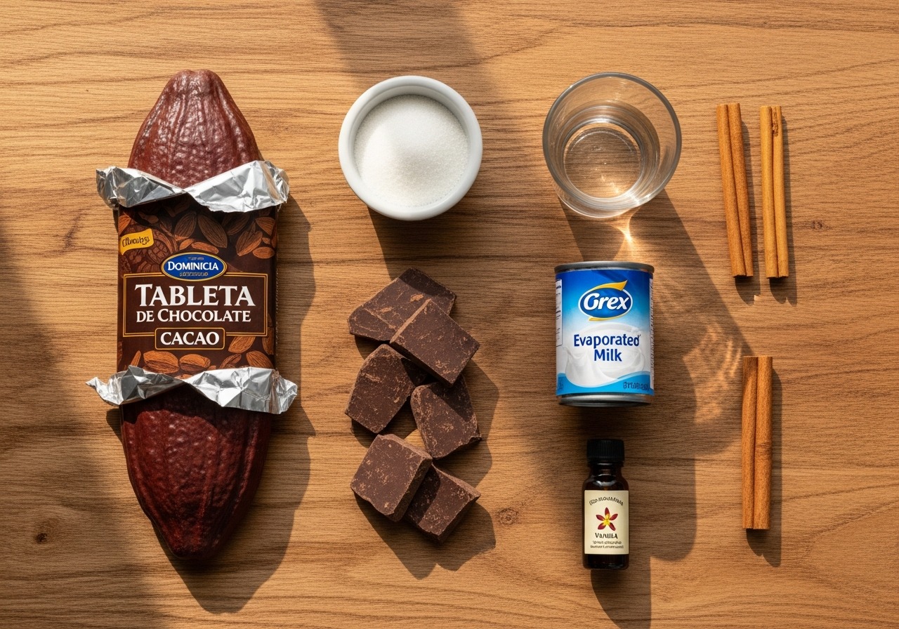 Ingredients for Dominican hot chocolate — cacao tablet, cinnamon stick, sugar, water, evaporated milk