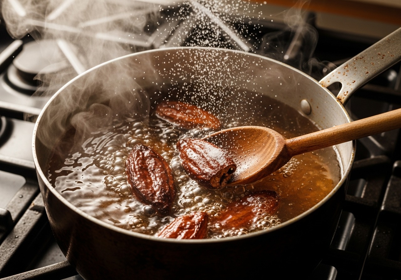 Cacao pieces dissolving in hot water turning from clear to deep brown