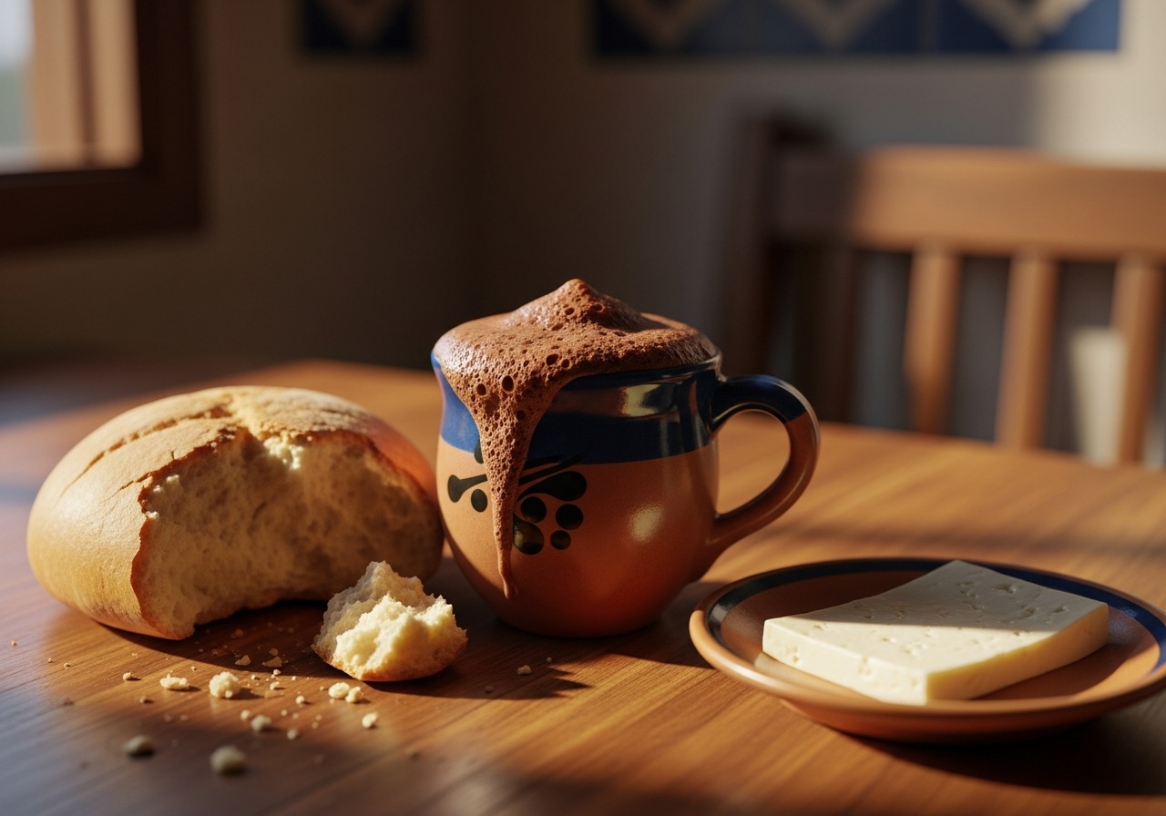 Dominican chocolate de agua served with pan de agua and queso blanco for breakfast