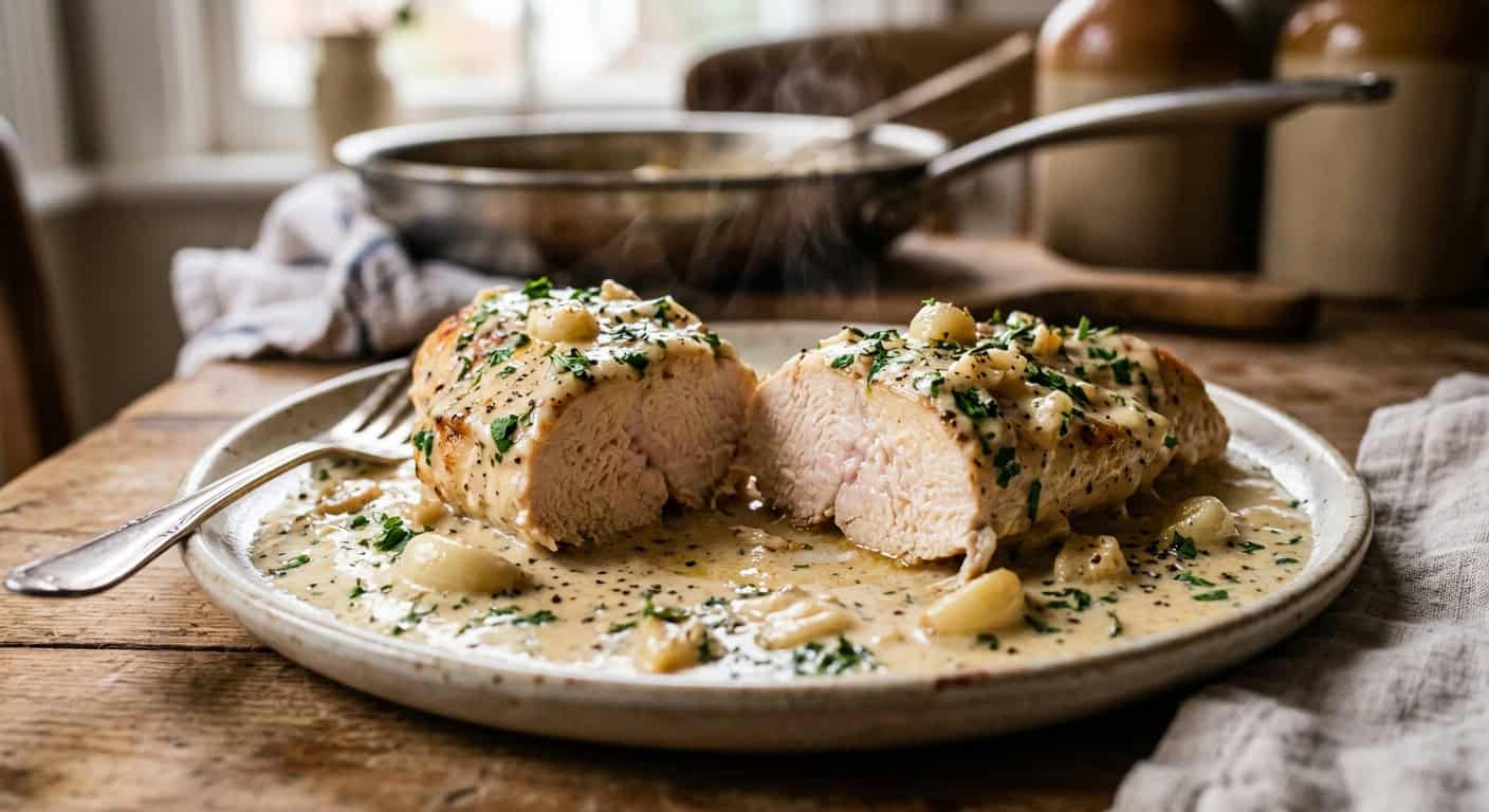 Sliced creamy garlic chicken breast close up showing juicy interior