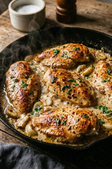 Overhead creamy garlic chicken breast in cast iron skillet