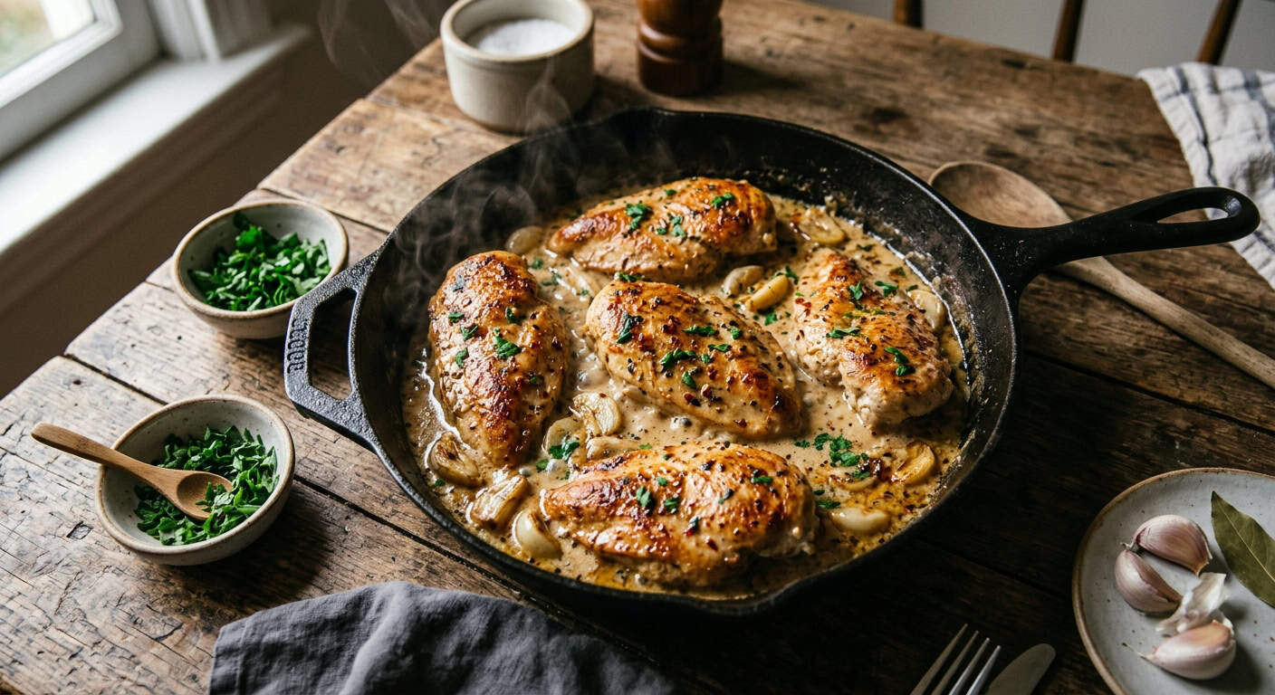 Overhead creamy garlic chicken breast in cast iron skillet