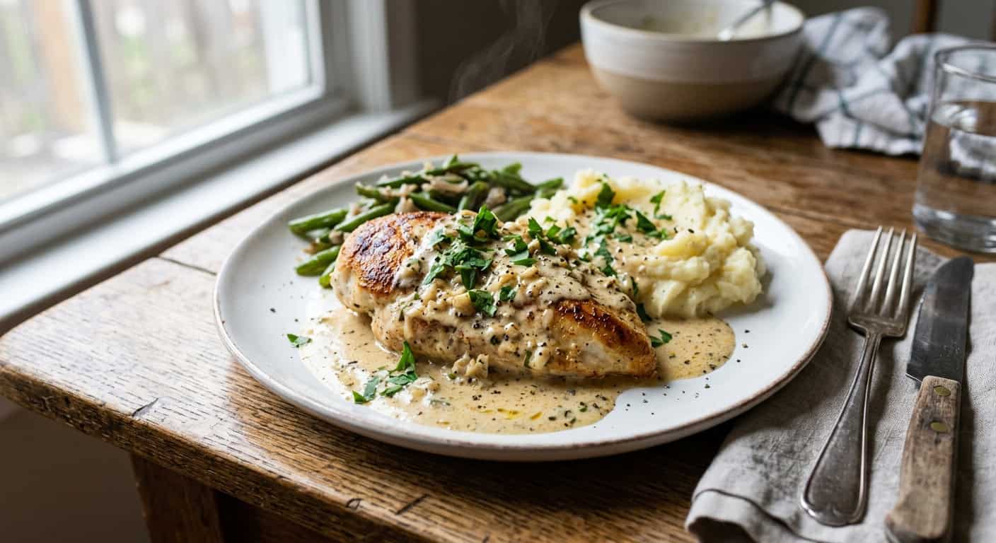 Creamy garlic chicken breast on a white plate with parsley