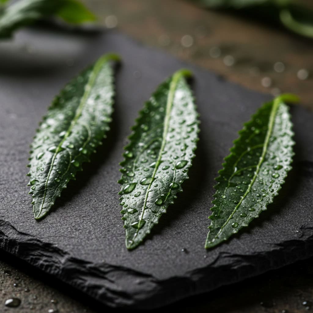 Closeup of fresh culantro leaves showing serrated edges and long shape