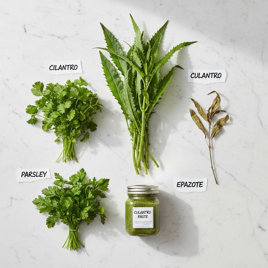 Side-by-side flat lay of culantro substitutes including cilantro, frozen culantro paste, epazote, and parsley