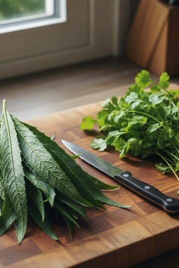 Fresh culantro leaves and cilantro side by side on a wooden cutting board for comparison
