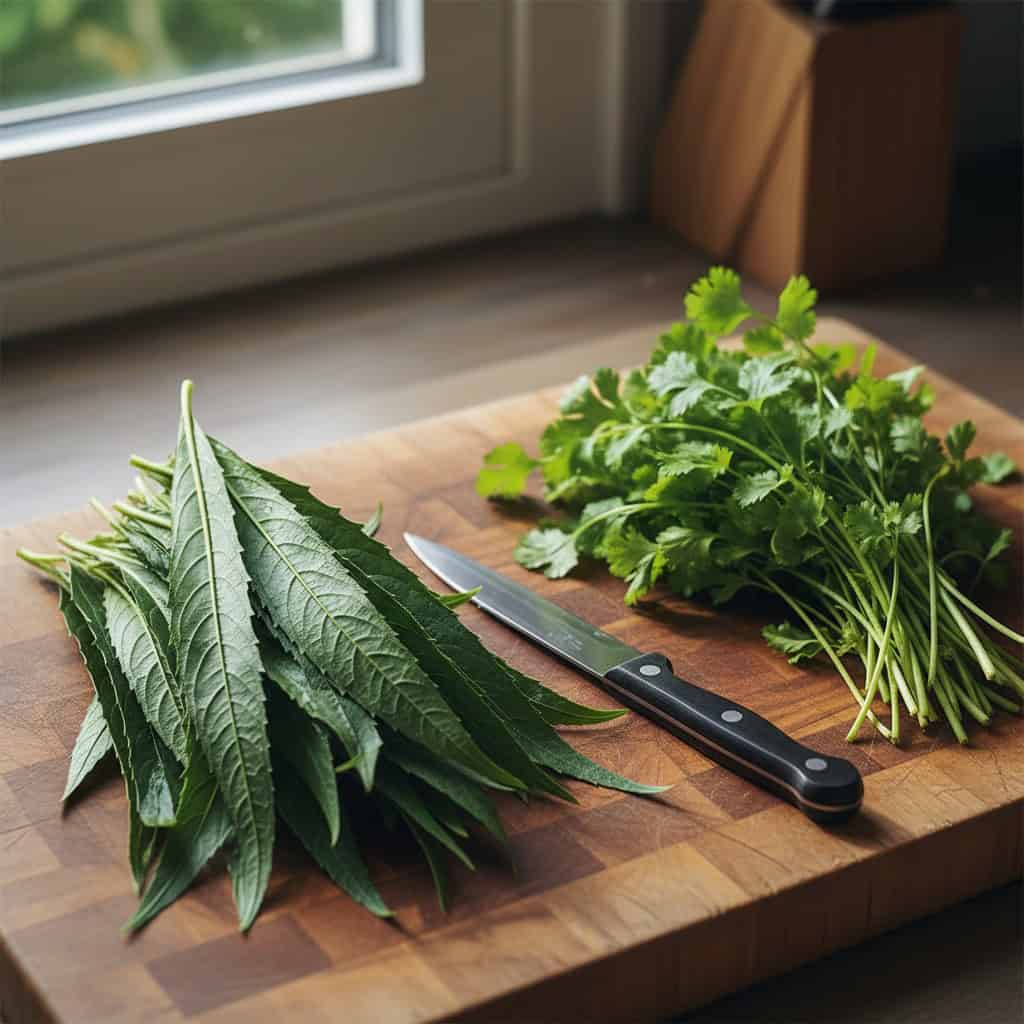 Fresh culantro leaves and cilantro side by side on a wooden cutting board for comparison