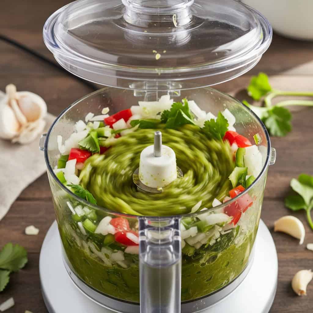 Dominican sofrito being blended in a food processor with culantro leaves visible