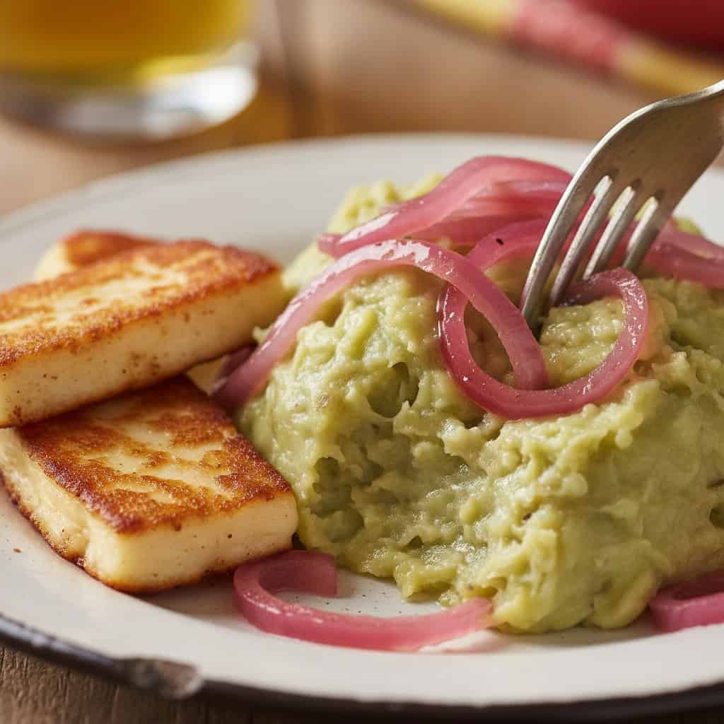 Close-up of Dominican mangu with sautéed red onions on top