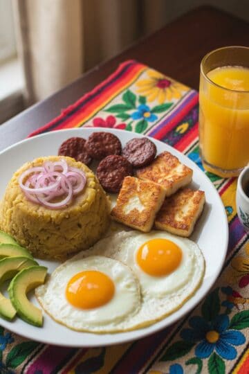 Complete Dominican breakfast spread with mangu, tres golpes, coffee, and fruit