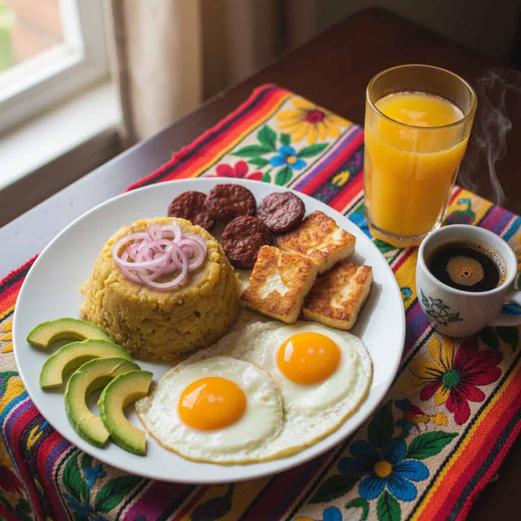 Complete Dominican breakfast spread with mangu, tres golpes, coffee, and fruit