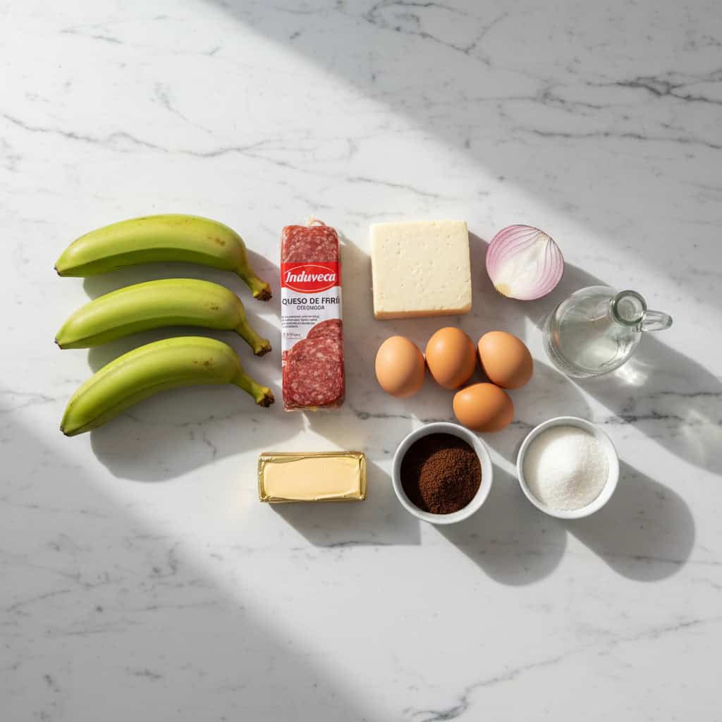 Ingredients for Dominican breakfast: green plantains, salami, cheese, eggs